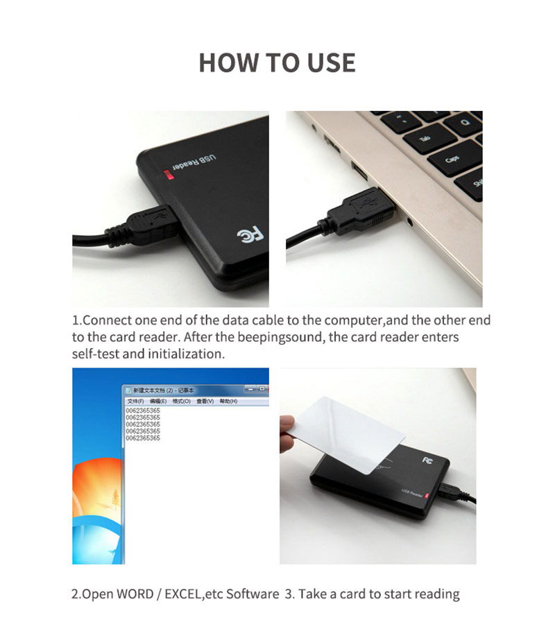 Leitor de cartão RFID USB sem contato para desktop para cartões de 125 kHz, etiquetas 10