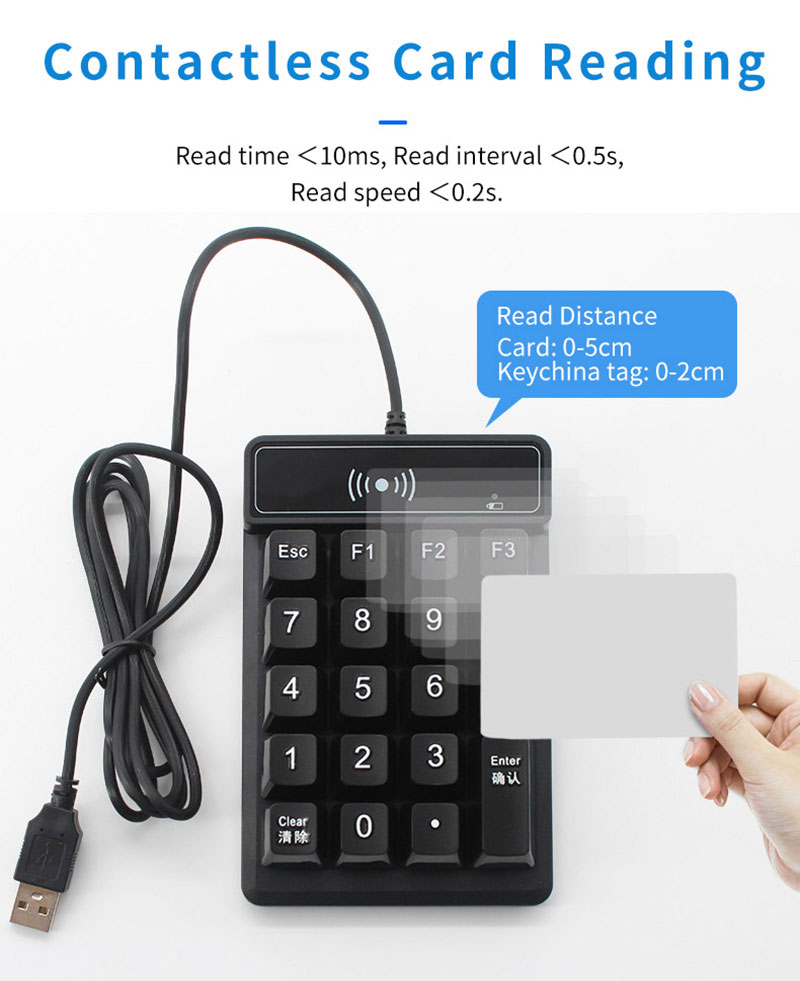 Protocolo ISO 14443A Frequência de trabalho 125Khz ou 13,56mHz Leitor de cartão com chip com teclado pequeno 3